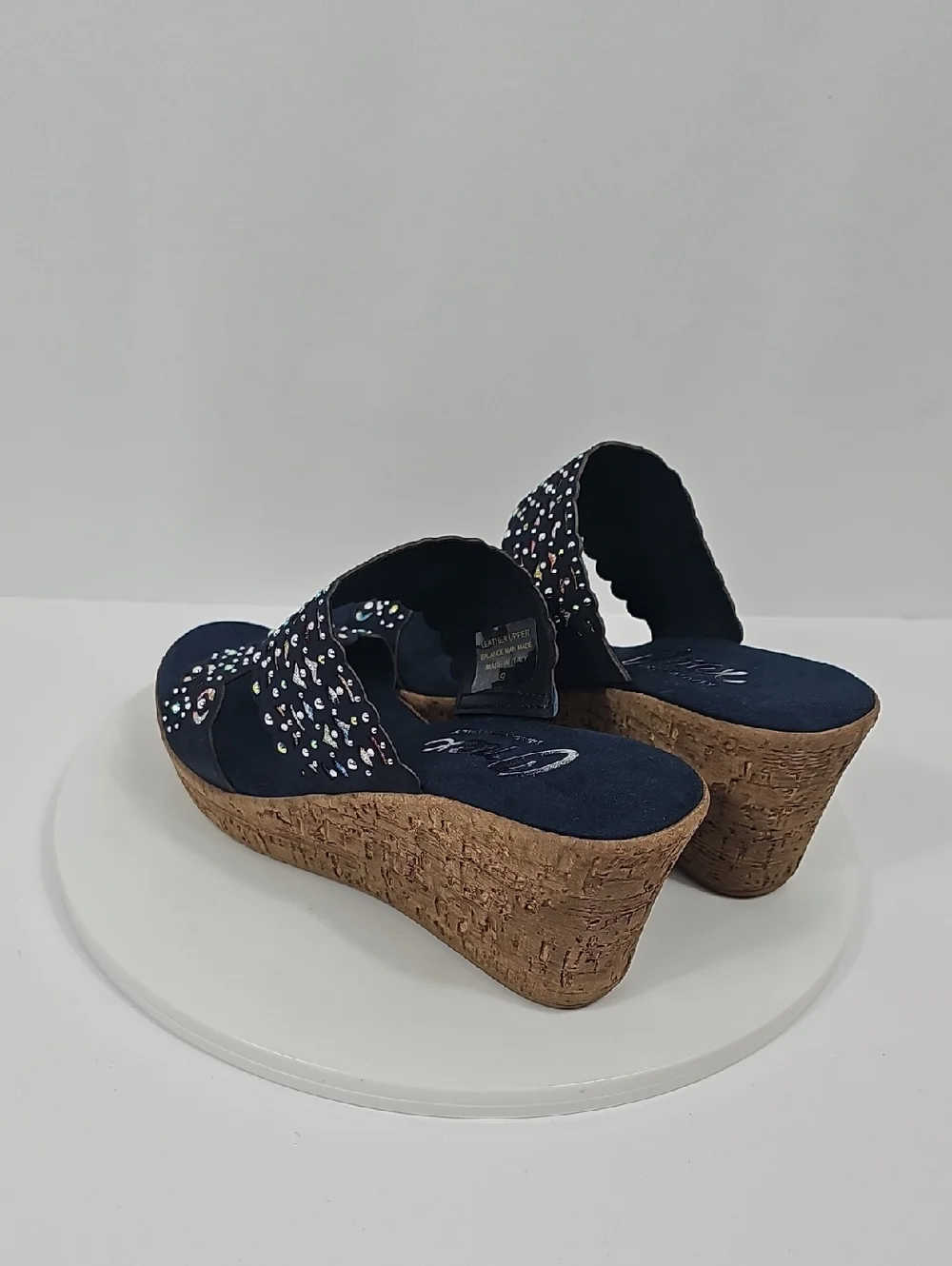 NIB Onex Oppal Beaded Cork Wedge Slides Rhinestone Laser Cut Navy Blue 9